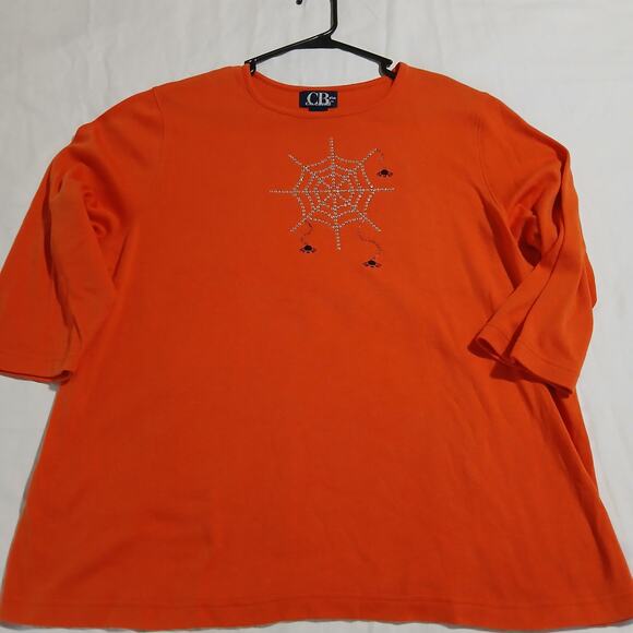 C.B Casual Plus 1X Pumpkin Colored Metallic Spider Web 3/4-Sleeve Knit Shirt - Picture 5 of 13